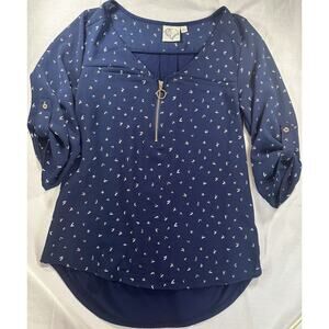 Janet Chung 3/4 Sleeve Quarter Zip V Neck Blouse‎ Womens Size Small Navy